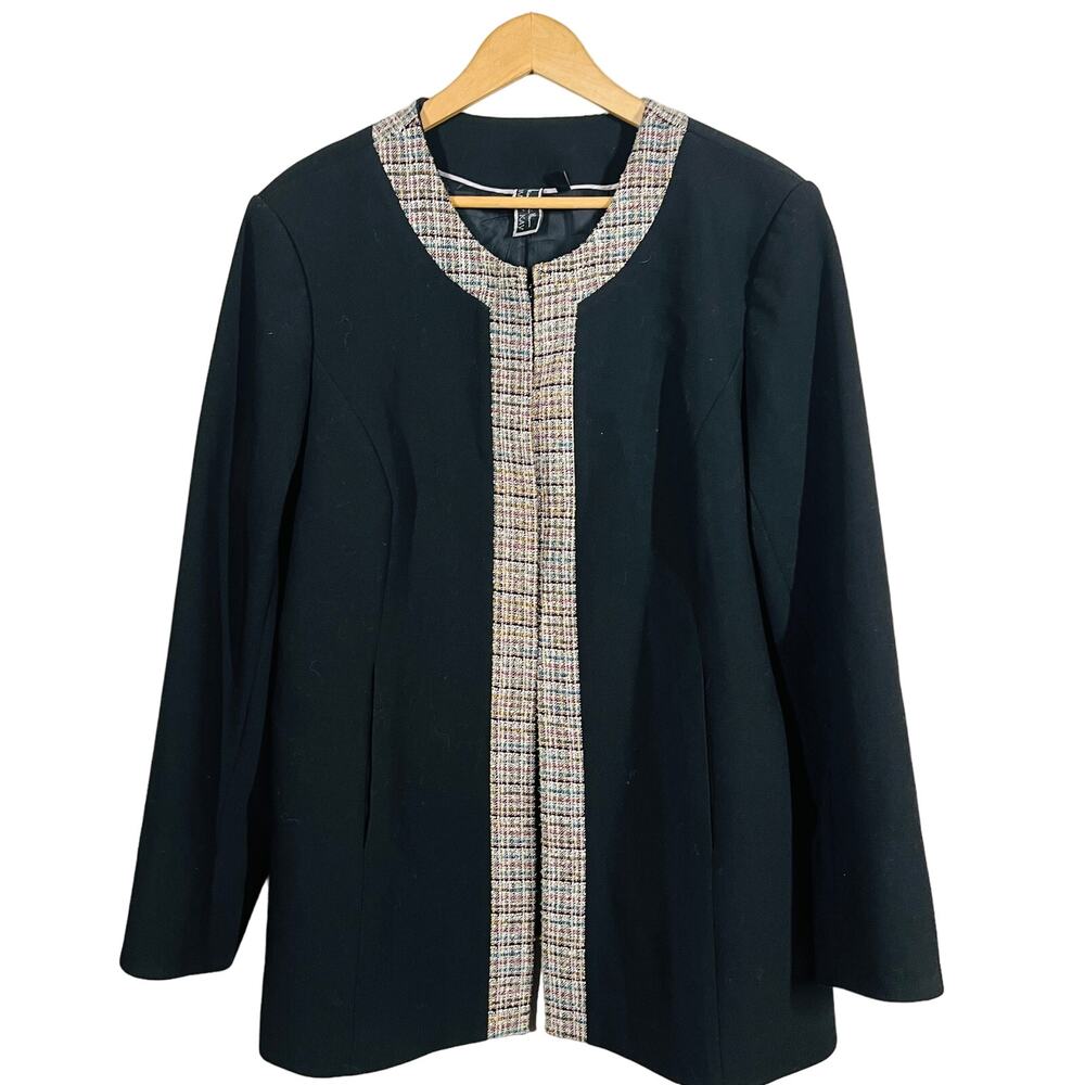 Nicole Miller x Mary Kay Open Front Jacket Blazer Tweed Trim Casual Black - 18W